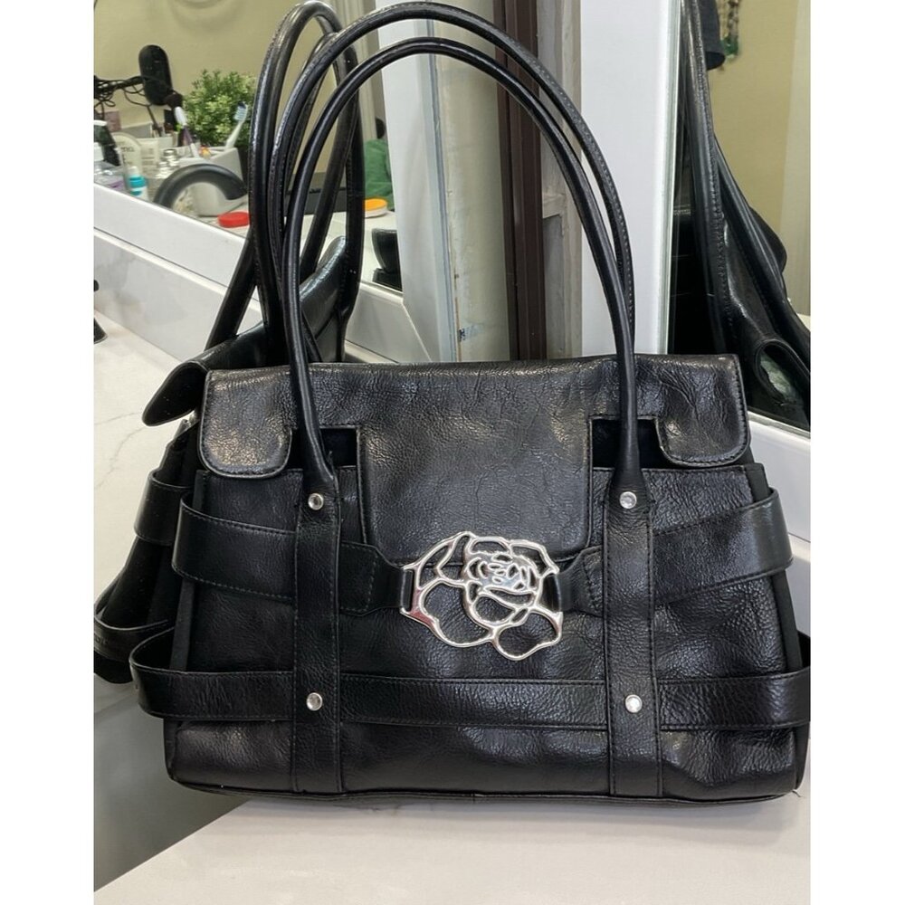 Franco Sarto Black Leather Shoulder Bag with Silver Rose Accent